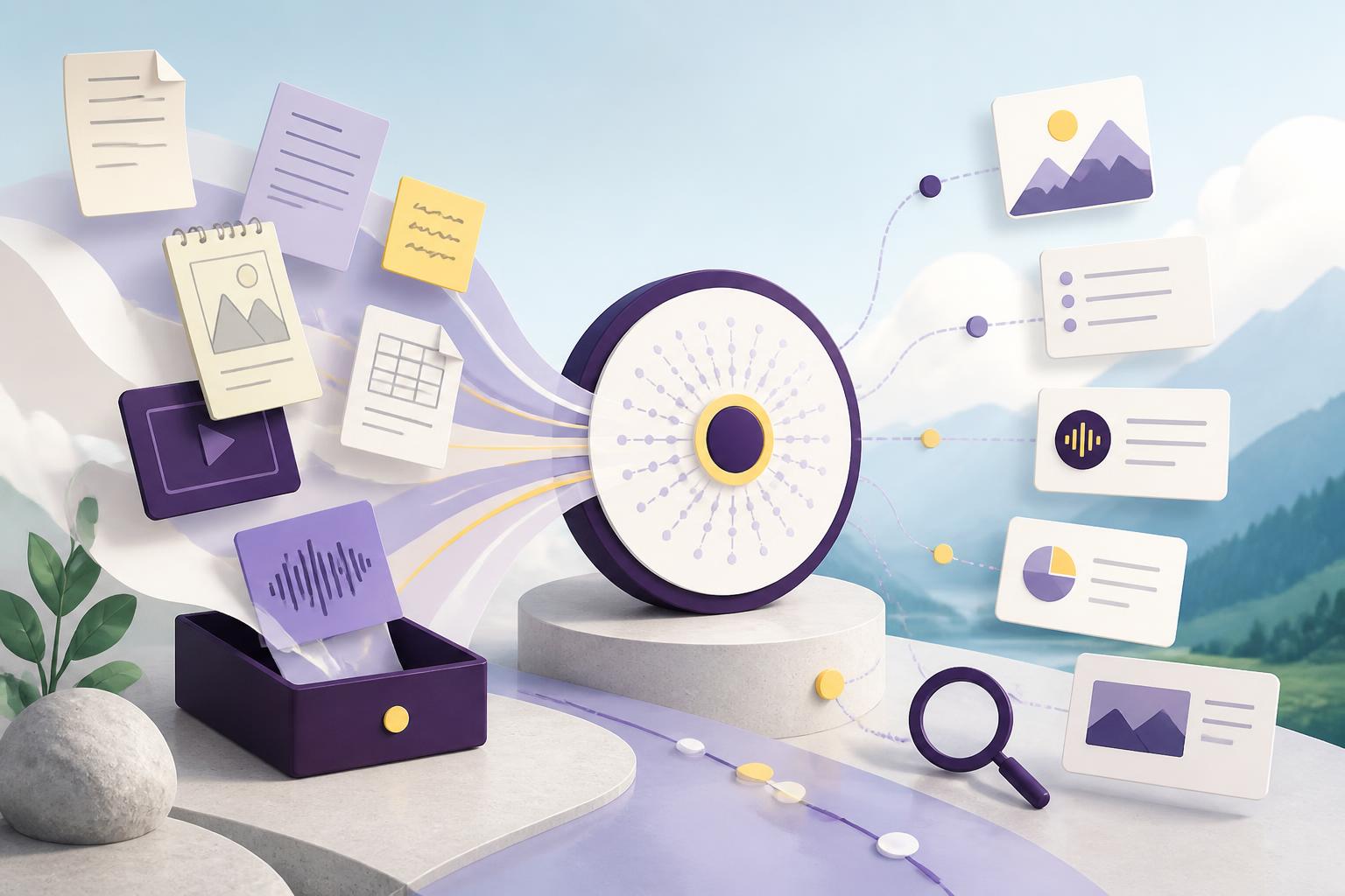 Abstract cover showing many workspace resources converging into one searchable knowledge hub